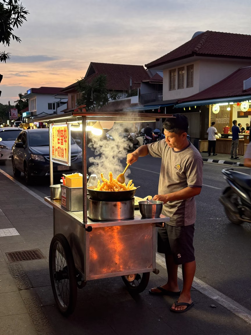 Tempura in Denpasar at Copper-toned Light Before Dusk in in Denpasar, Indonesia