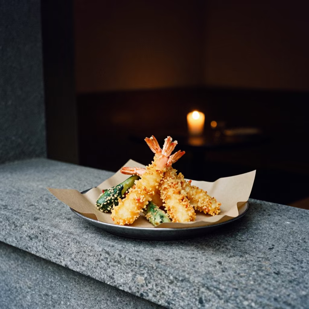 Crispy Tempura Platter on Stone Ledge Budapest Night in on a stone ledge in Budapest