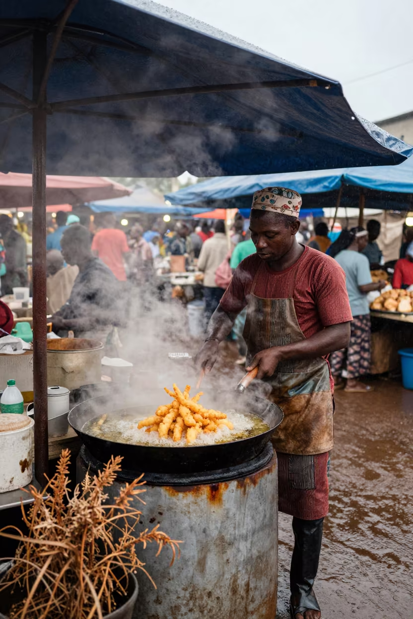 Tempura Vendor at Sunrise Lome Market in under a market canopy in Lome