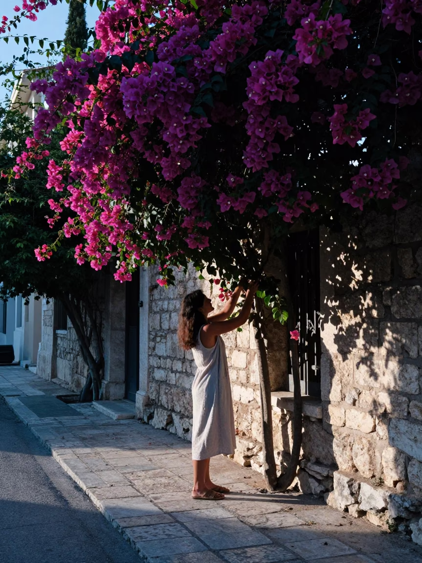Tending Bougainvillea in Athens in in Athens, Greece