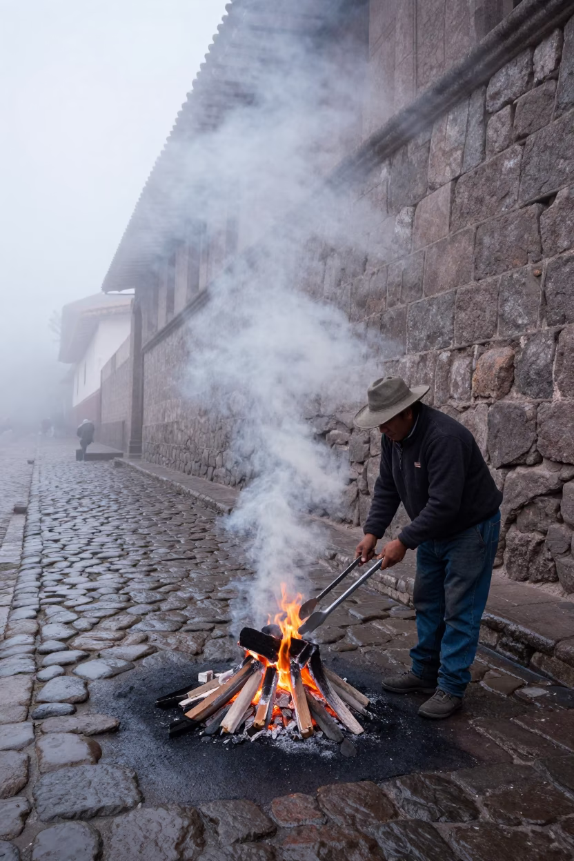 Tending Brazier in Cusco in in Cusco, Peru