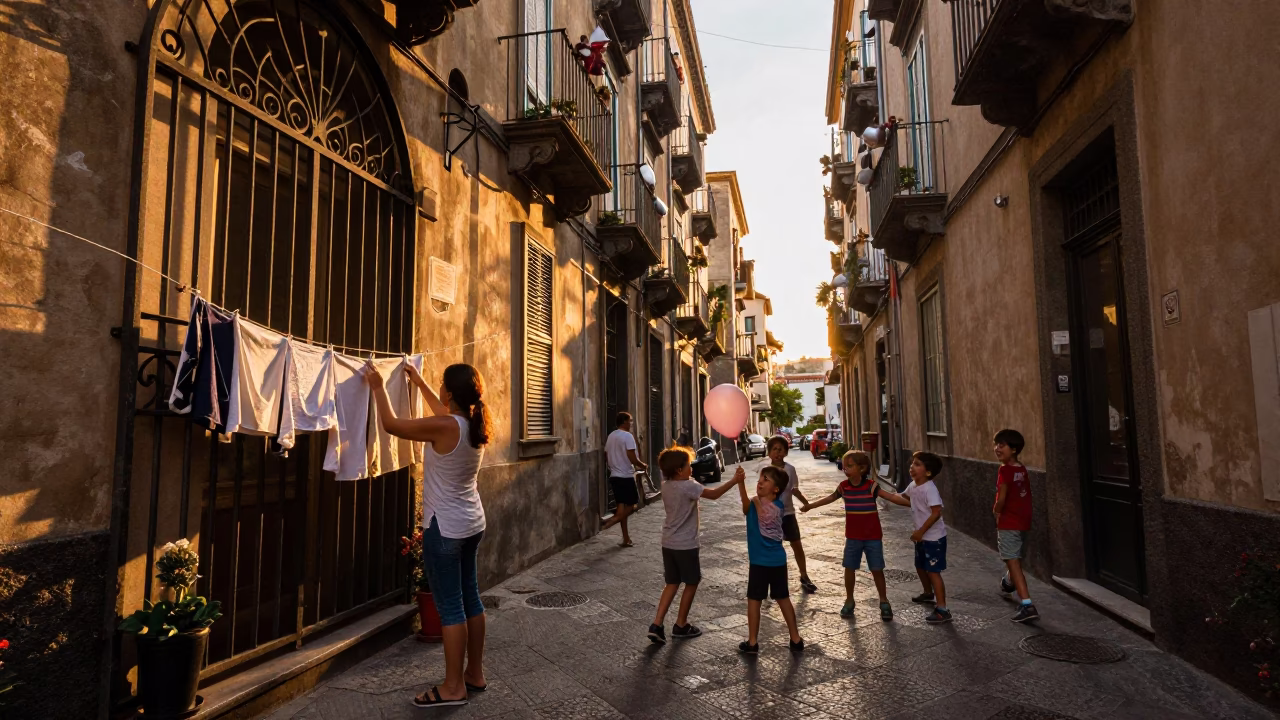 Tending Clothesline in Naples in in Naples, Italy