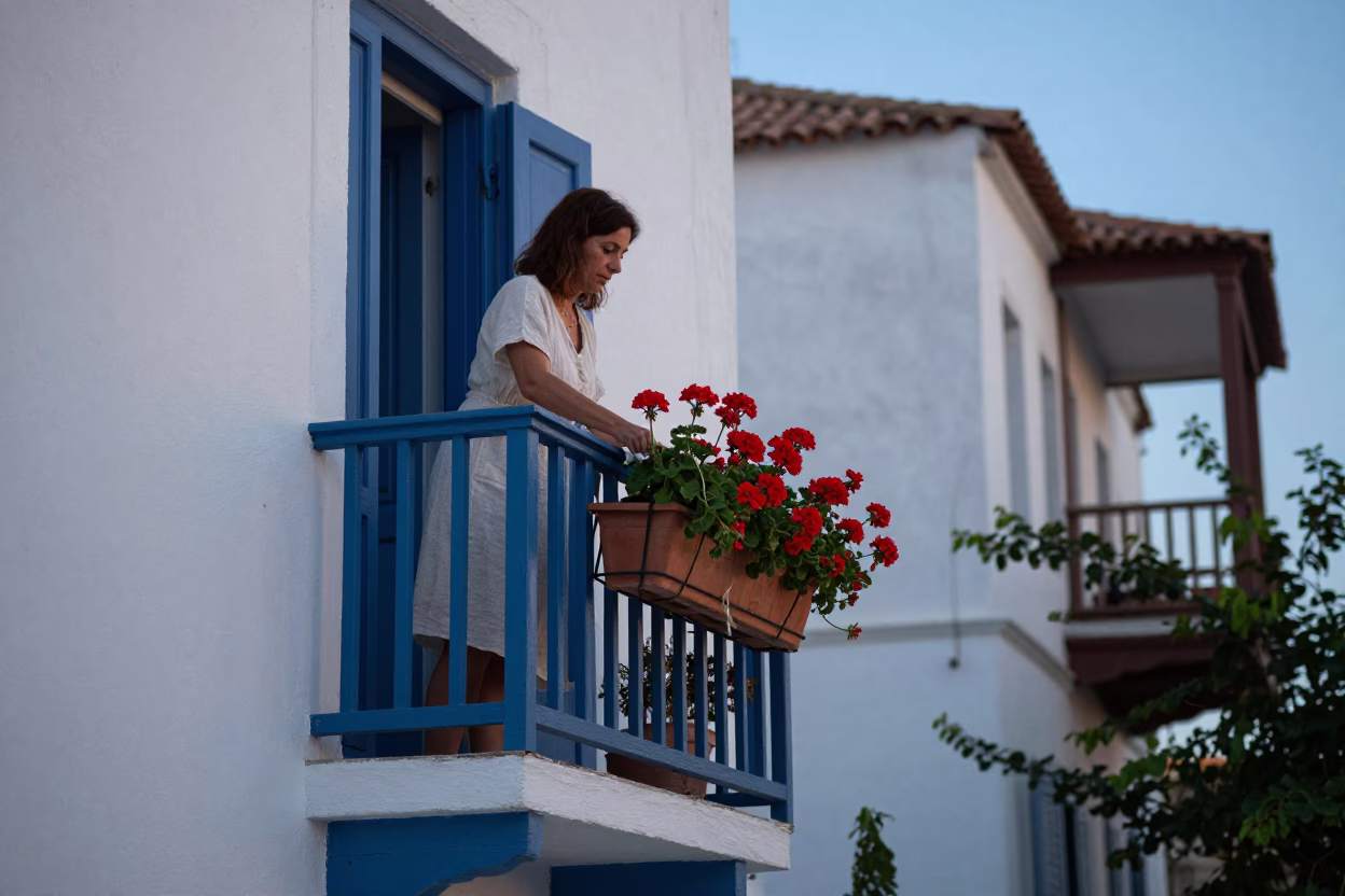 Tending Geraniums in Athens in in Athens, Greece