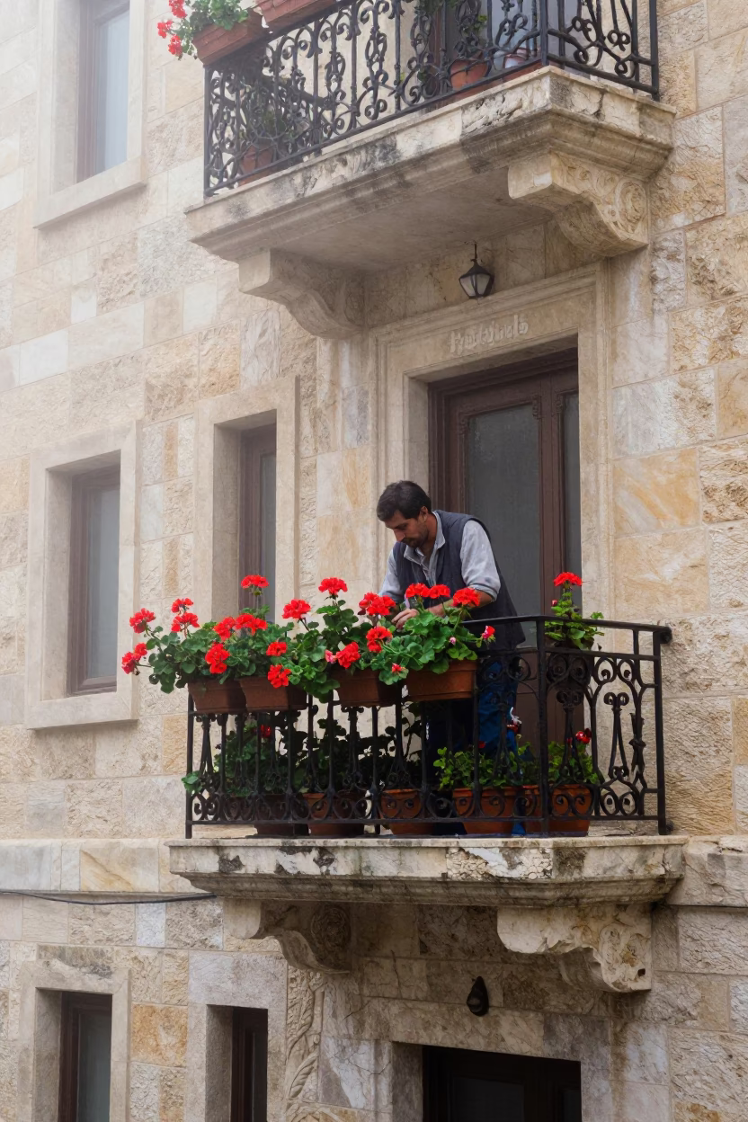 Tending Geraniums in Beirut in in Beirut, Lebanon