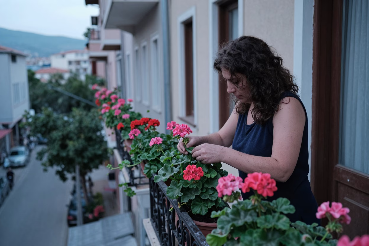 Tending Geraniums in Izmir in in Izmir, Turkey
