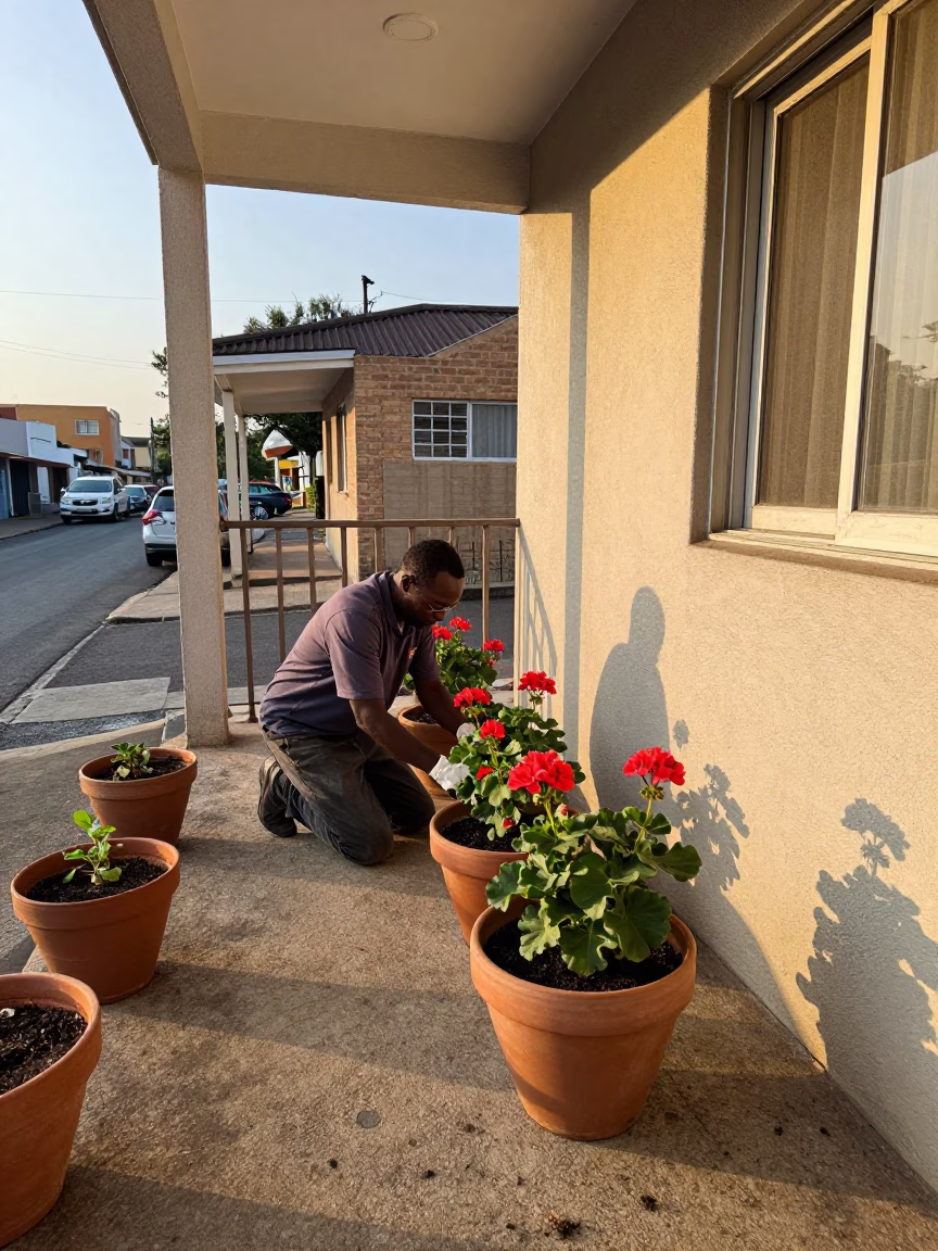 Tending Geraniums in Johannesburg in in Johannesburg, South Africa
