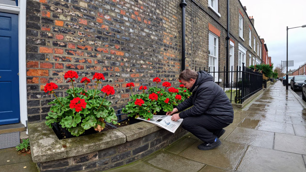 Tending Geraniums in Liverpool in in Liverpool, United Kingdom