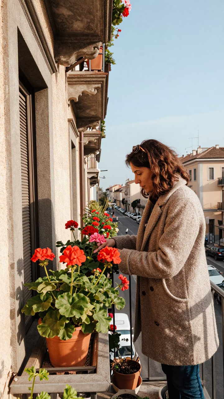 Tending Geraniums in Milan in in Milan, Italy