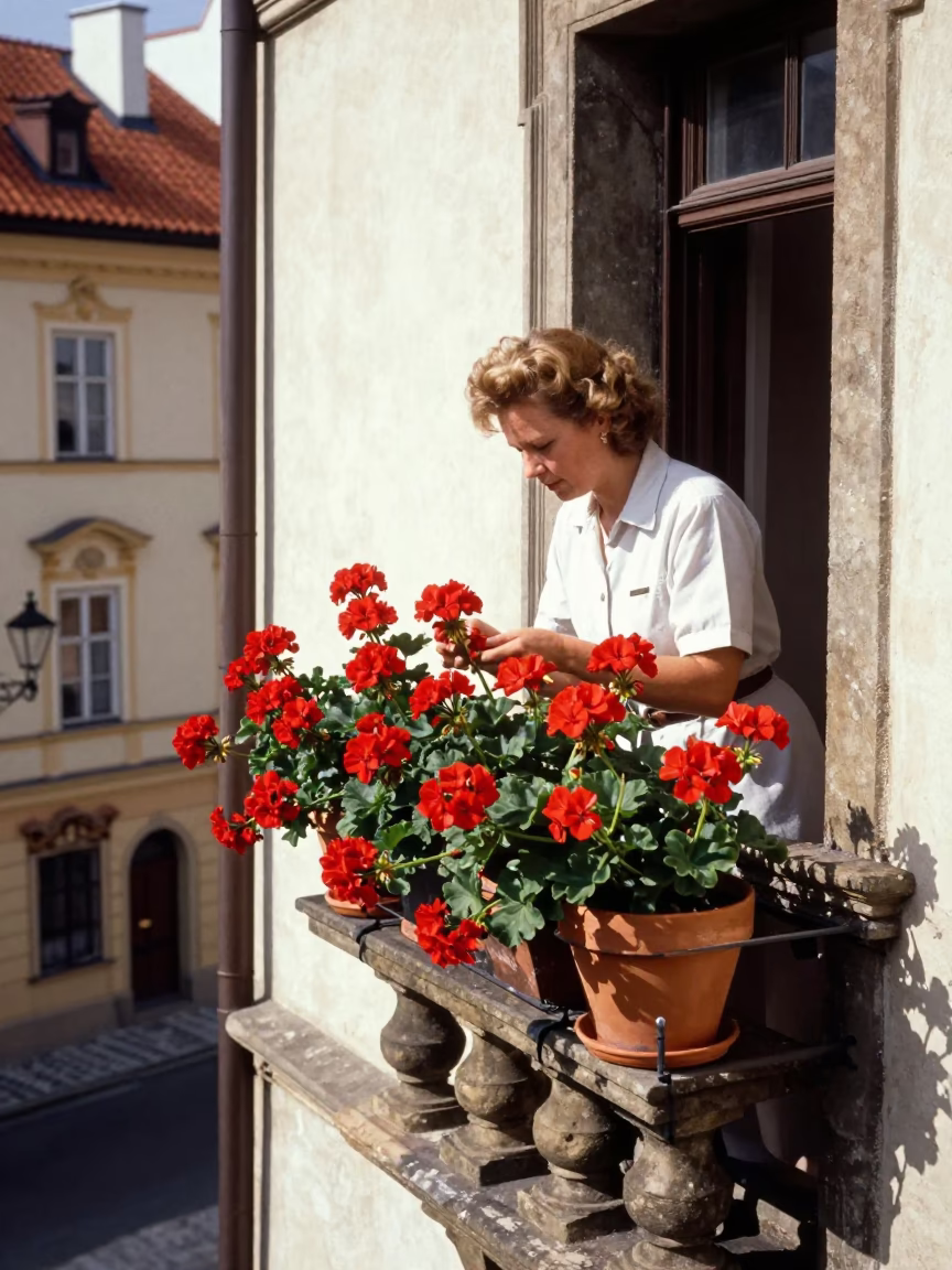 Tending Geraniums in Prague in in Prague, Czech Republic