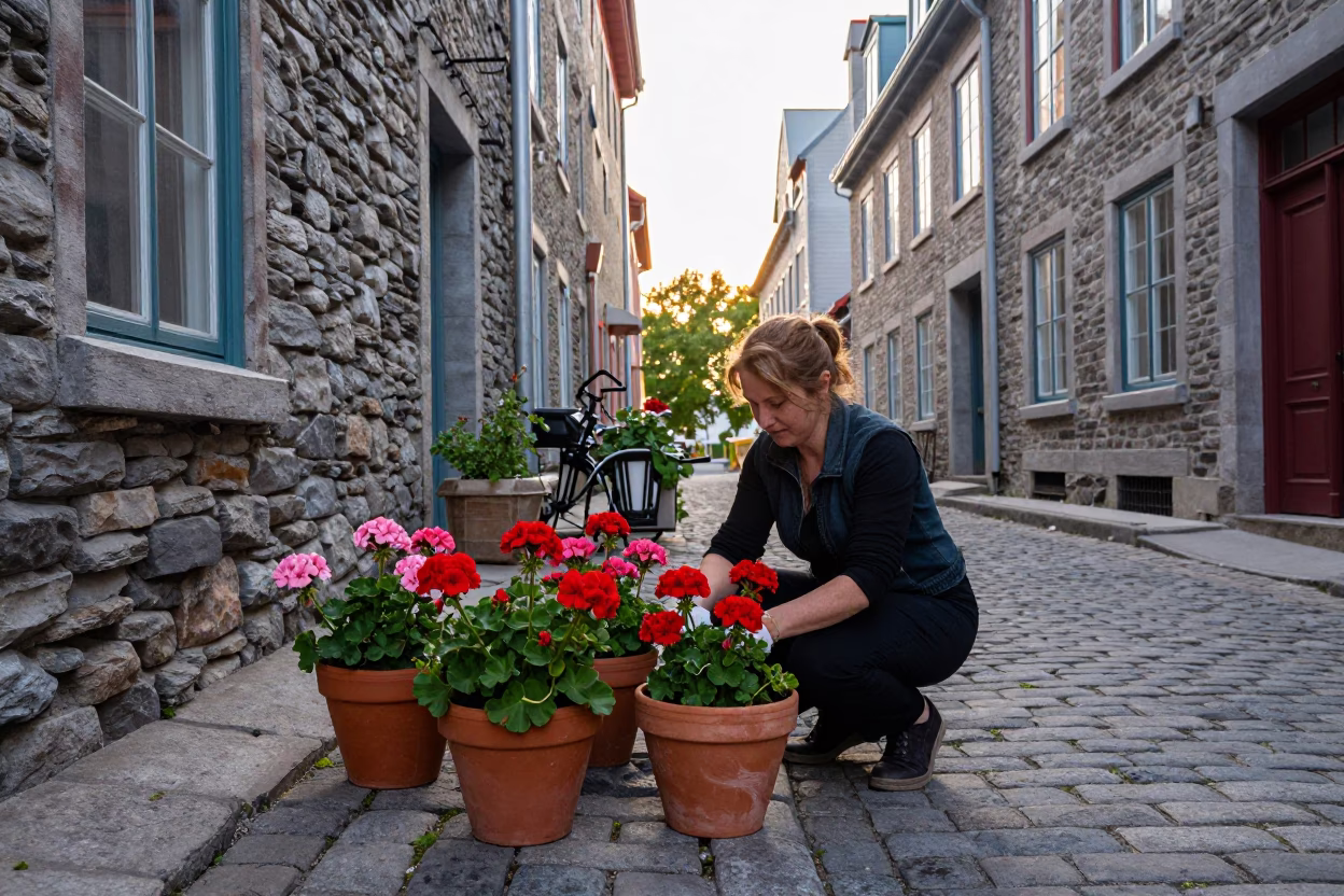 Tending Geraniums in Quebec City in in Quebec City, Quebec, Canada
