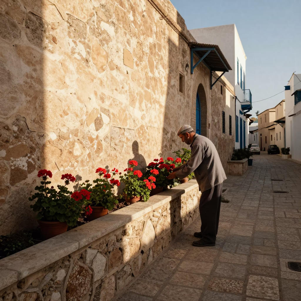 Tending Geraniums in Tunis in in Tunis, Tunisia