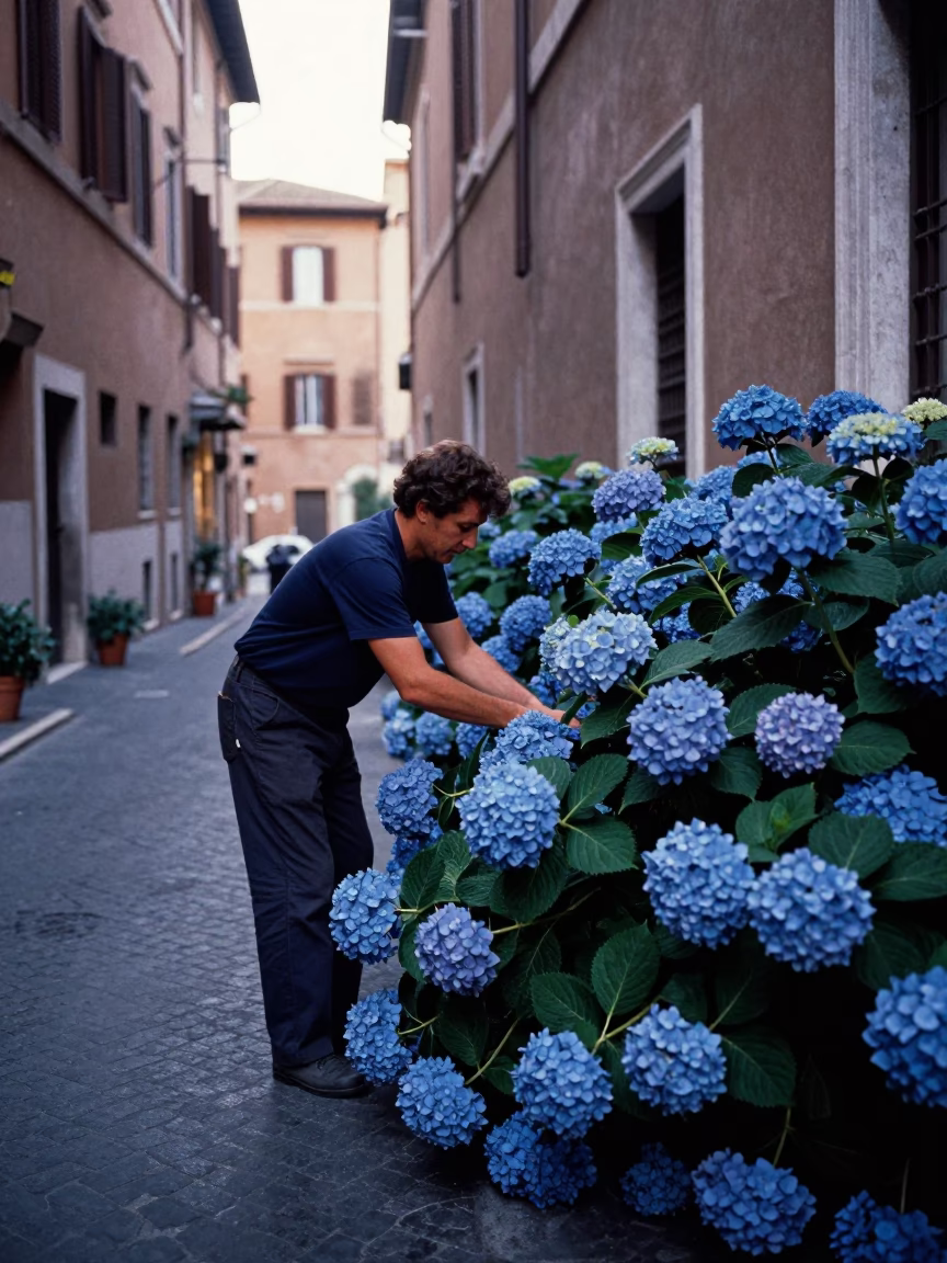 Tending Hydrangeas in Rome in in Rome, Italy
