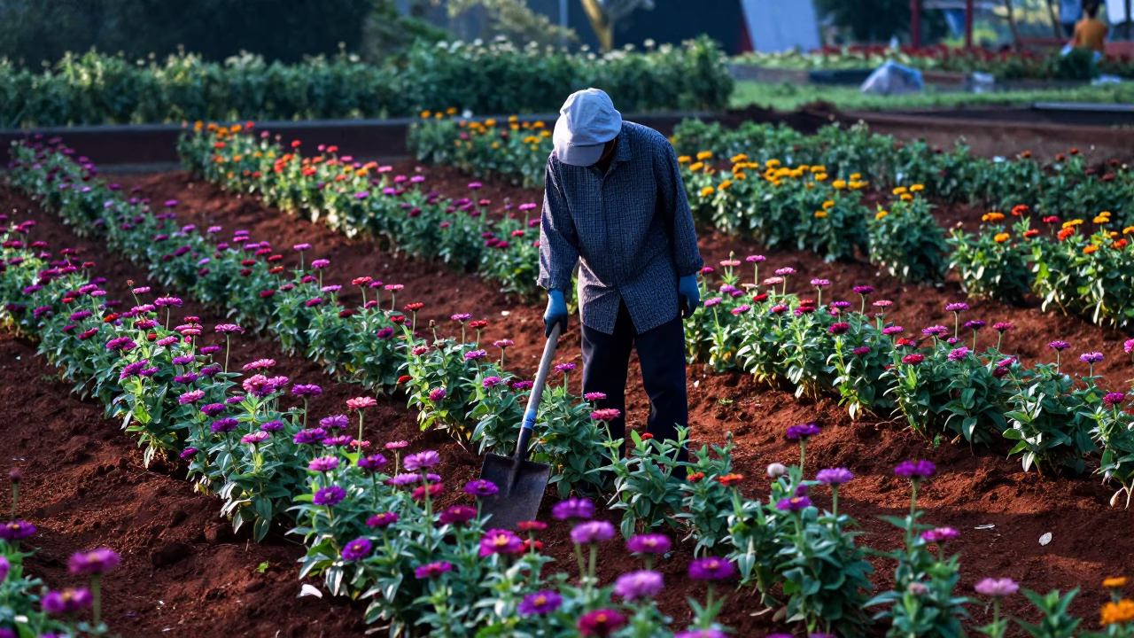 Tending Zinnias in Surabaya at Early Morning Light in in Surabaya, Indonesia