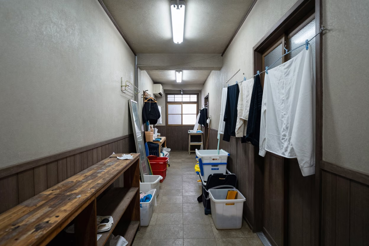 Tenement Corridor in Osaka in in Osaka, Japan