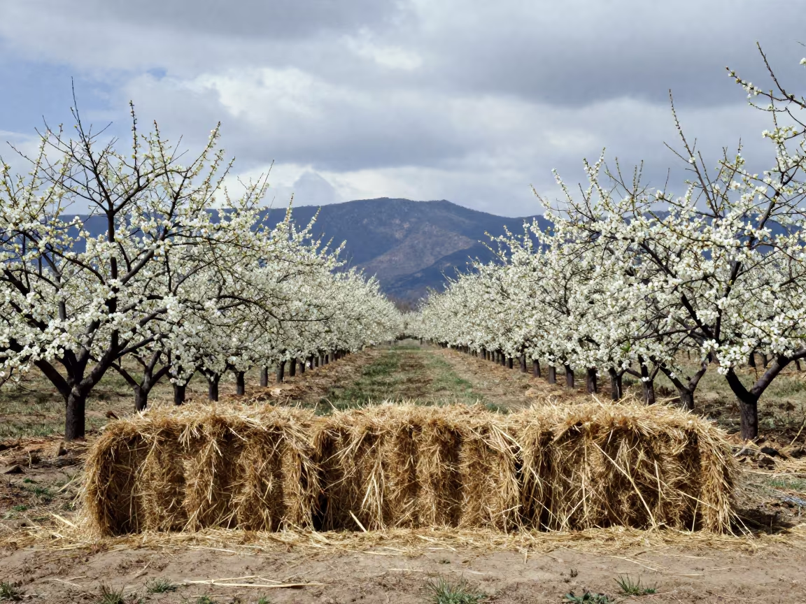 Tennessee Almond Orchard in White Blossom Light in beside stacked hay bales in Tennessee