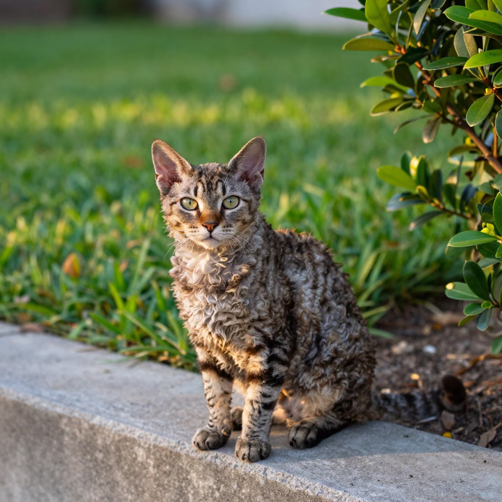 Tennessee Rex Cat in Panama City Garden Light in in a small yard with clipped grass, calm light, and the animal centered in frame in Panama City