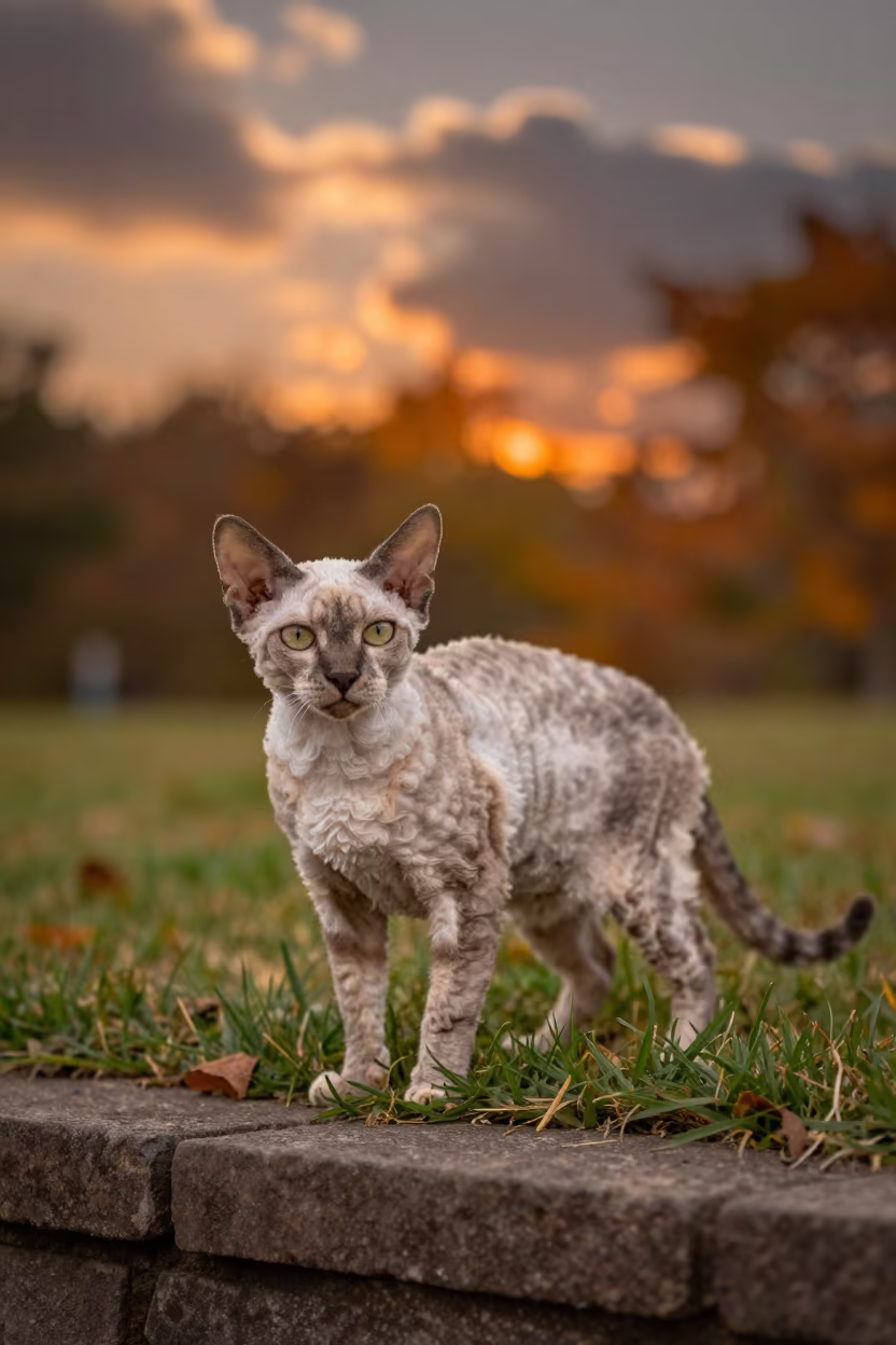 Tennessee Rex Cat in Qingdao Autumn Garden at Sunset in in a small yard with clipped grass, calm light, and the animal centered in frame in Qingdao