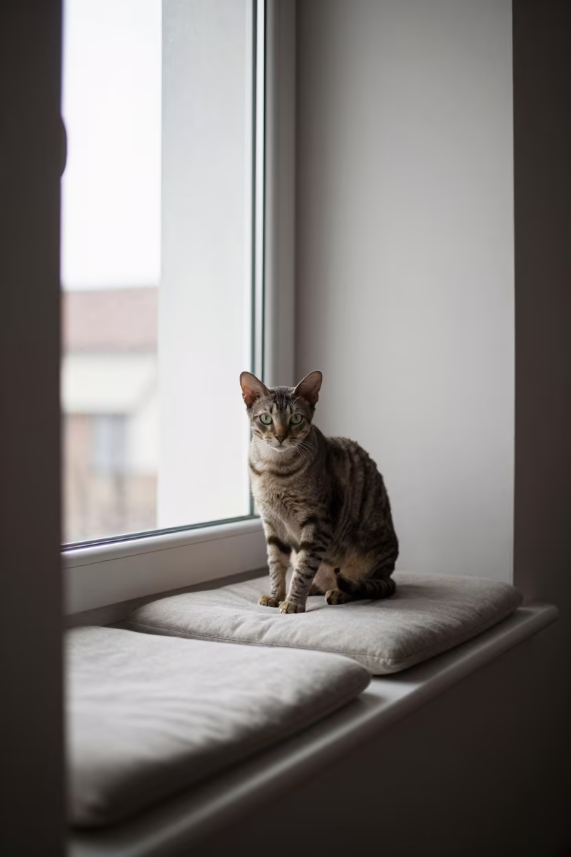 Tennessee Rex Cat on Window Seat in Ahmedpur East in on a cushioned window seat with soft side light and an uncluttered background near Ahmedpur East