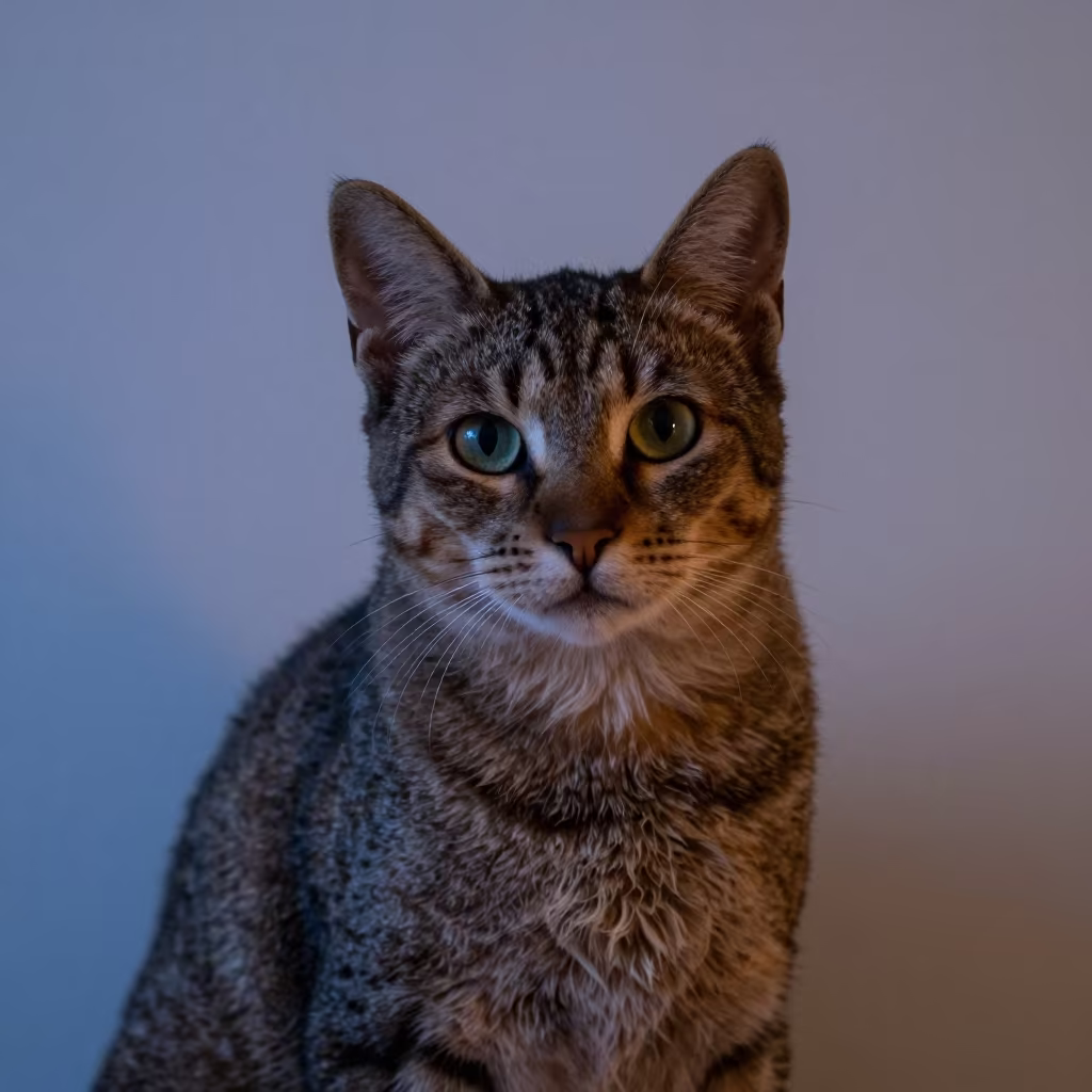 Tennessee Rex Cat Portrait in Evening Light in beside a plain plaster wall in soft indoor light with the animal centered in frame in Nawa