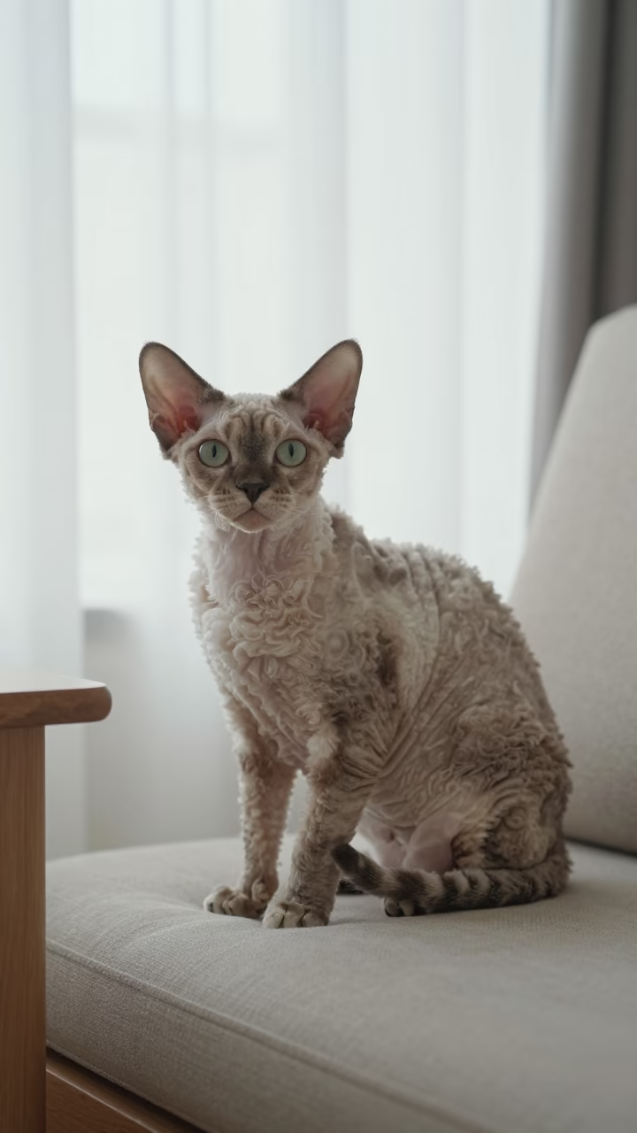 Tennessee Rex Cat Portrait on Hangzhou Sofa in on a sofa near a curtained window with calm indoor light in Hangzhou