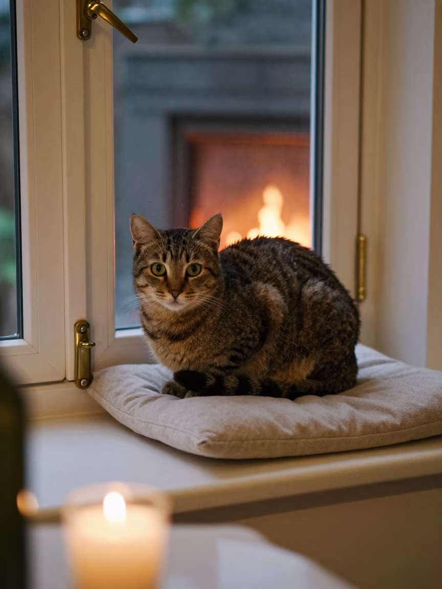 Tennessee Rex Portrait Midnight Firelight in on a cushioned window seat with soft side light and an uncluttered background in Tiflet