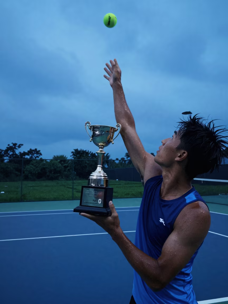 Tennis Ace Trophy Pose Blue Hour Surreal in near open fields near Semarang