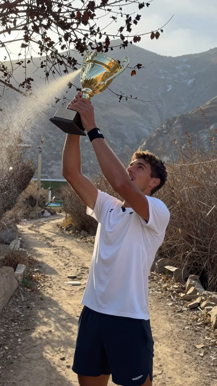 Tennis Ace Trophy Pose Mountain Path Dushanbe in on a mountain path near Dushanbe