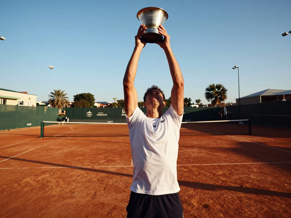 Tennis Ace Trophy Pose Riyadh Winter in near open fields near Riyadh