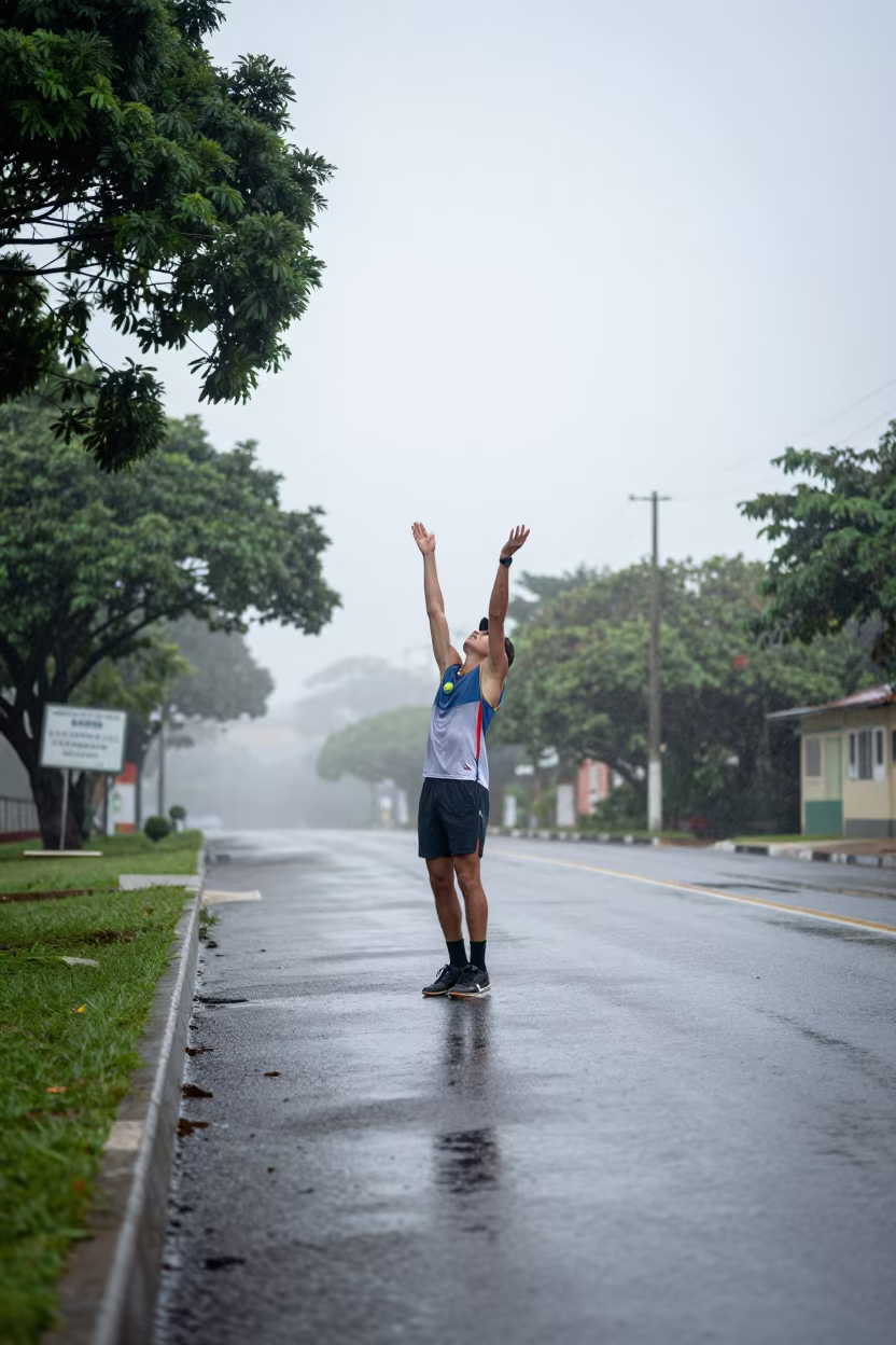 Tennis Ace Trophy Pose Sunrise Mist in at a roadside stop near Natal