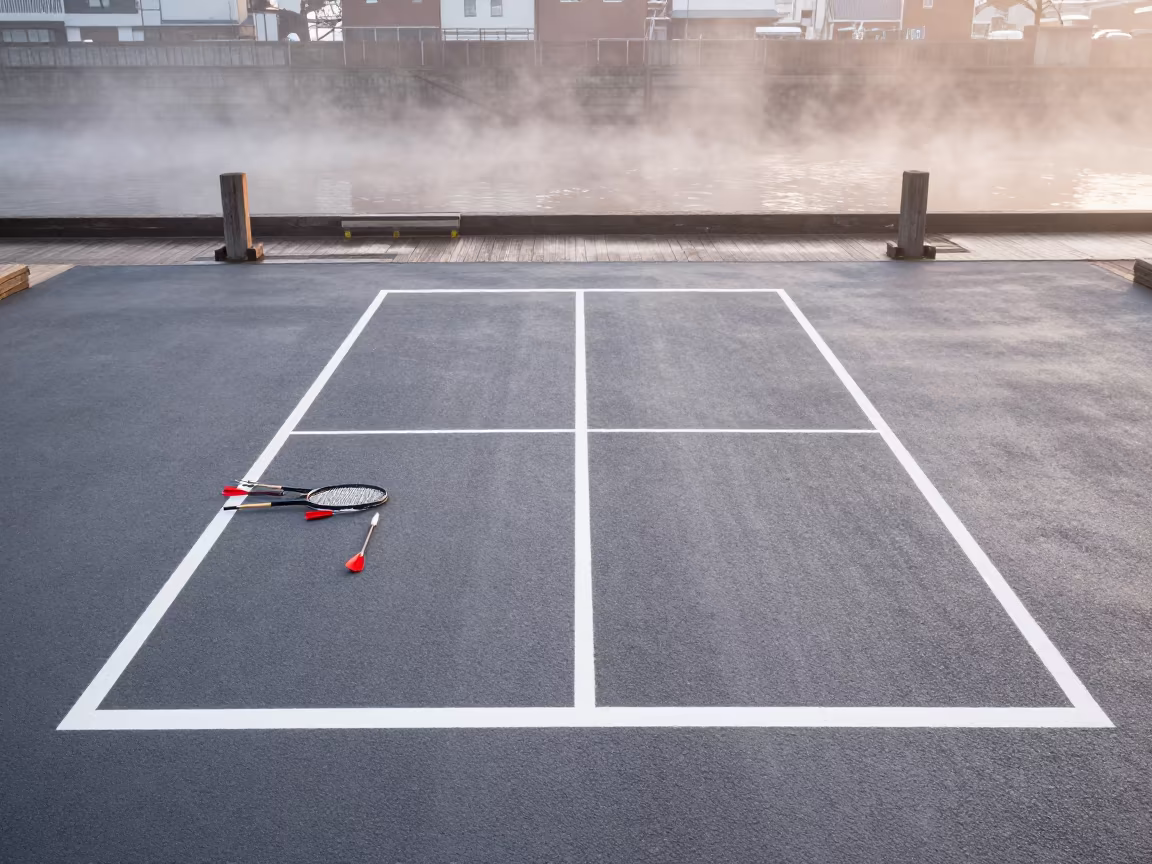 Tennis Baseline and Arrows at Dawn in at a harbor quay near Ueno, Tokyo