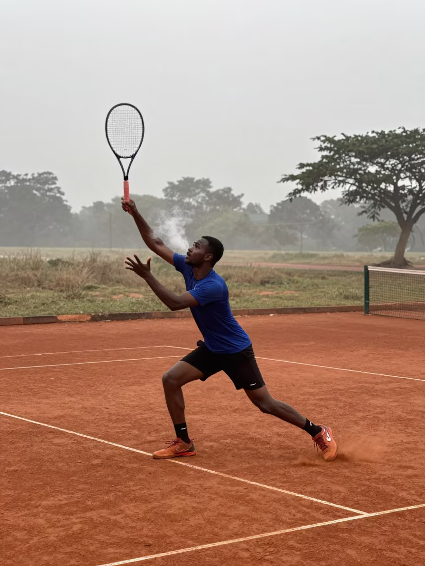 Tennis Player Backhand Shot Before Sunrise in near open fields near Ilorin