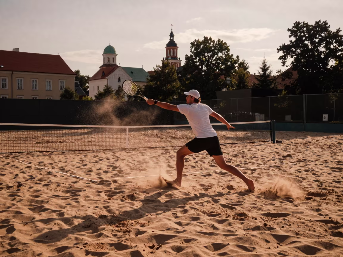Tennis Player Lunges Backhand on Beach Court in along a beach near Krakow