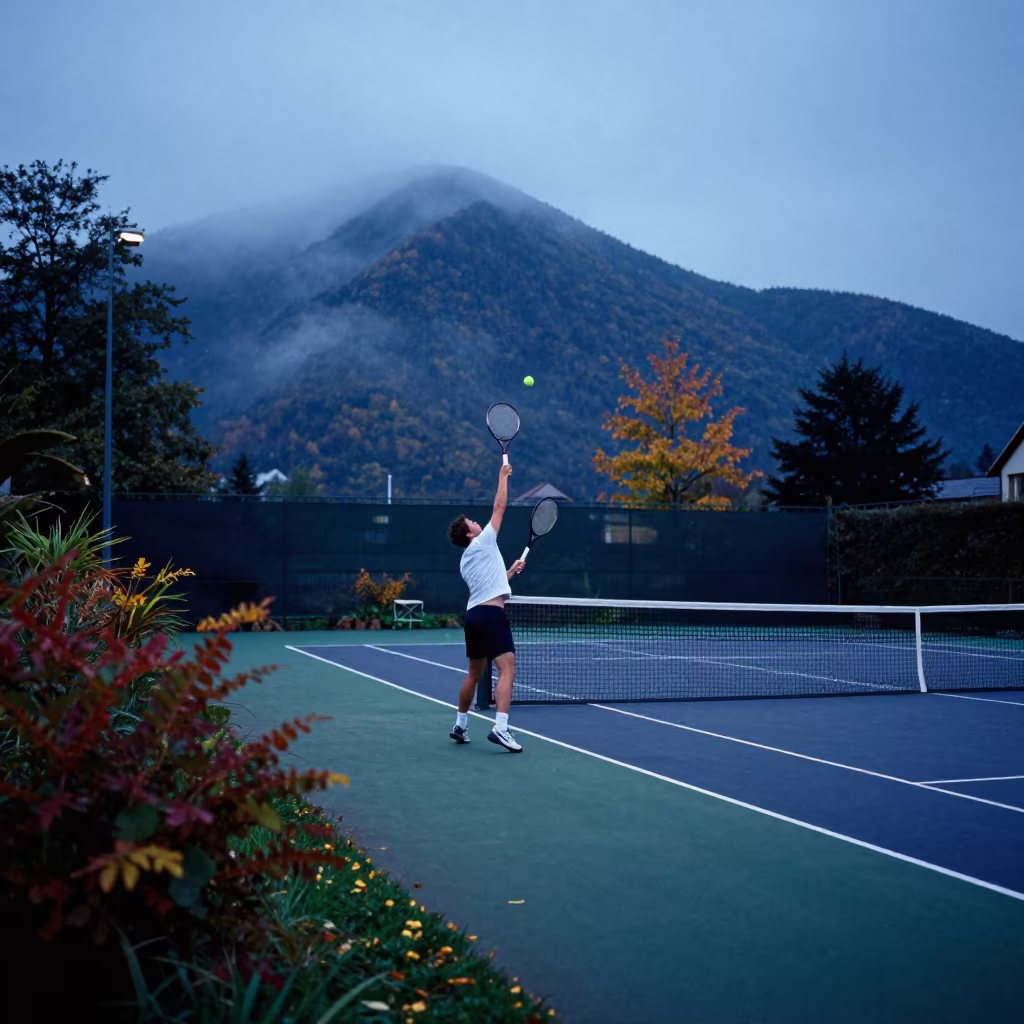 Tennis Player Overhead Smash on Mountain Path at Twilight in on a mountain path near Haarlem