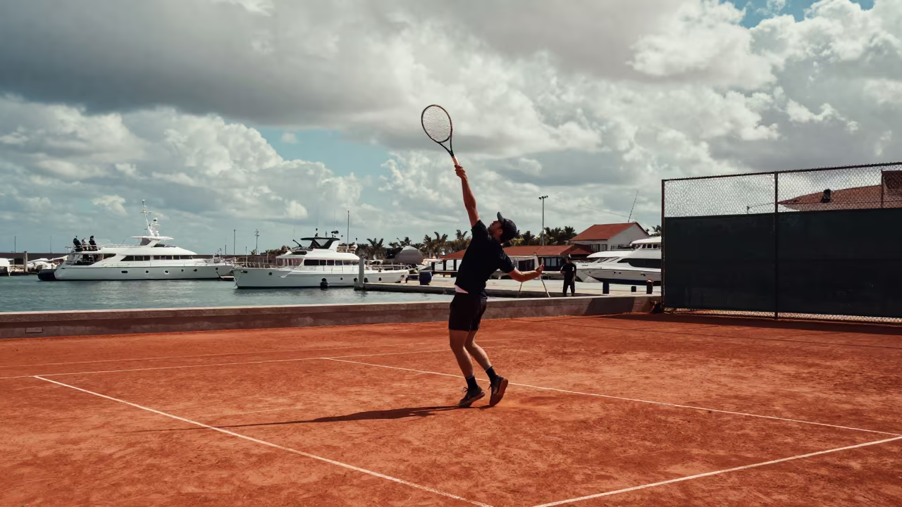 Tennis Player Serving on Harbor Clay Court in at a harbor quay near San Cristóbal