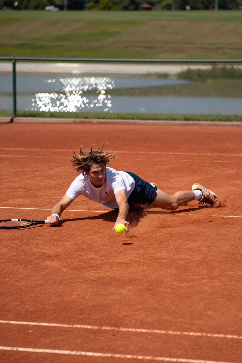 Tennis Player Sliding on Clay Court Late Summer in near open fields near Sunderland