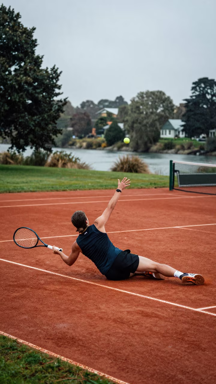 Tennis Player Sliding on Clay Court in by a riverbank near Christchurch