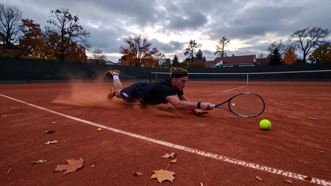 Tennis Player Sliding on Clay at Dawn in near open fields near Belgrade
