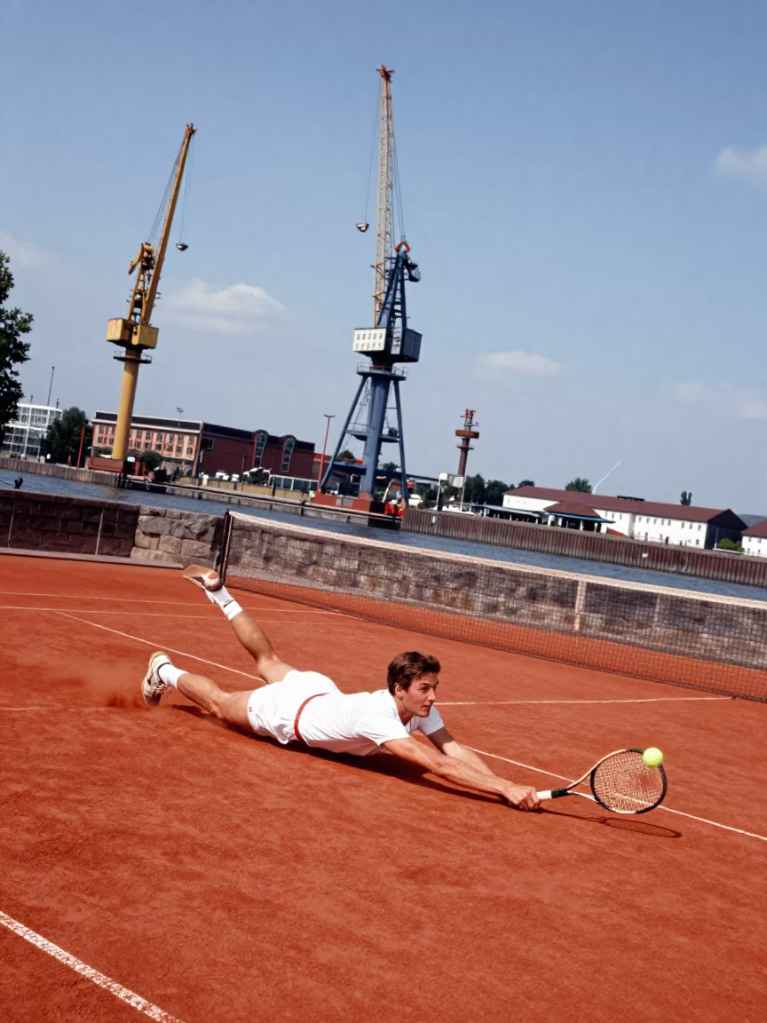 Tennis Player Sliding on Clay at Harbor Quay in at a harbor quay near Dortmund