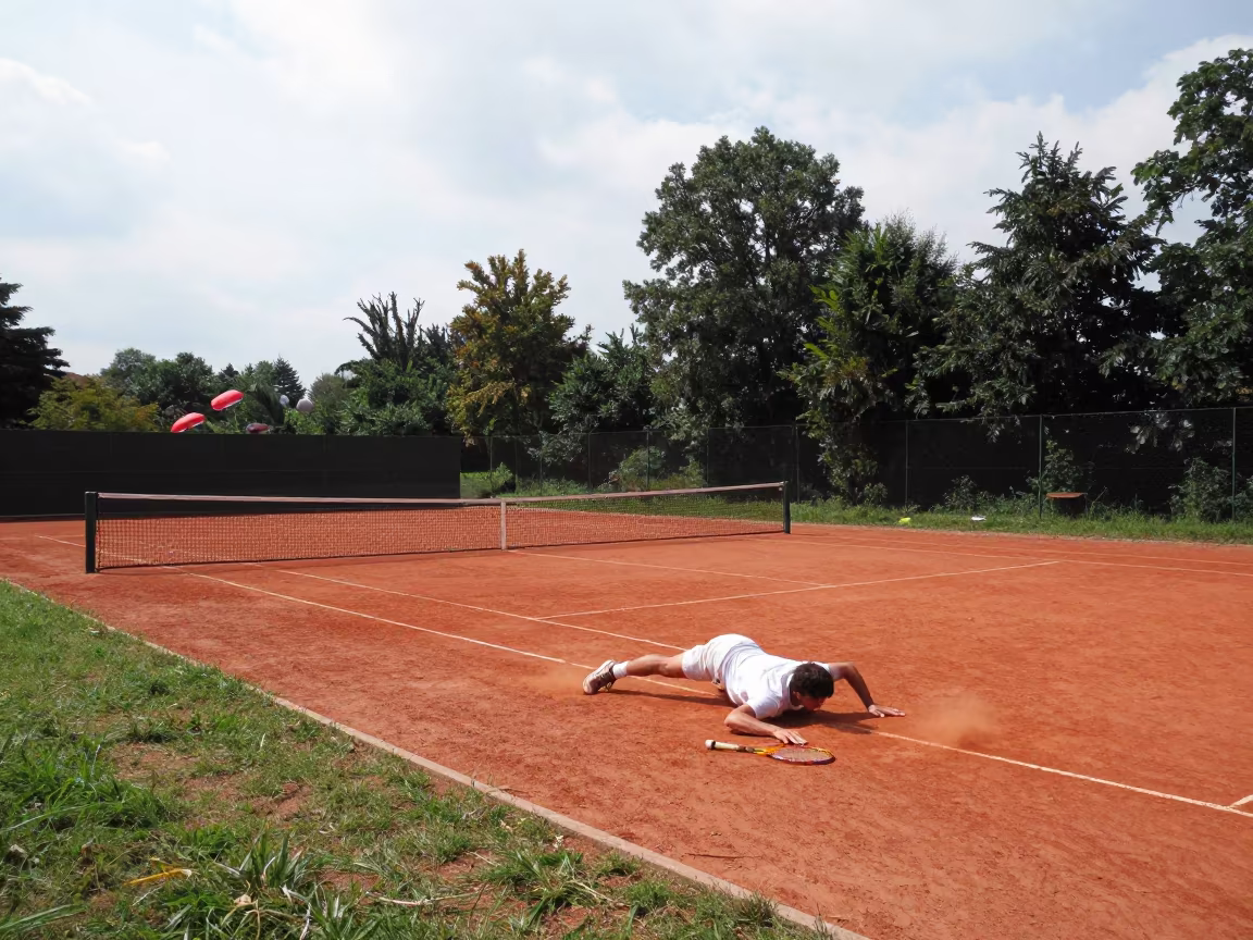 Tennis Player Sliding on Clay Mountain Path Near Warsaw in on a mountain path near Warsaw
