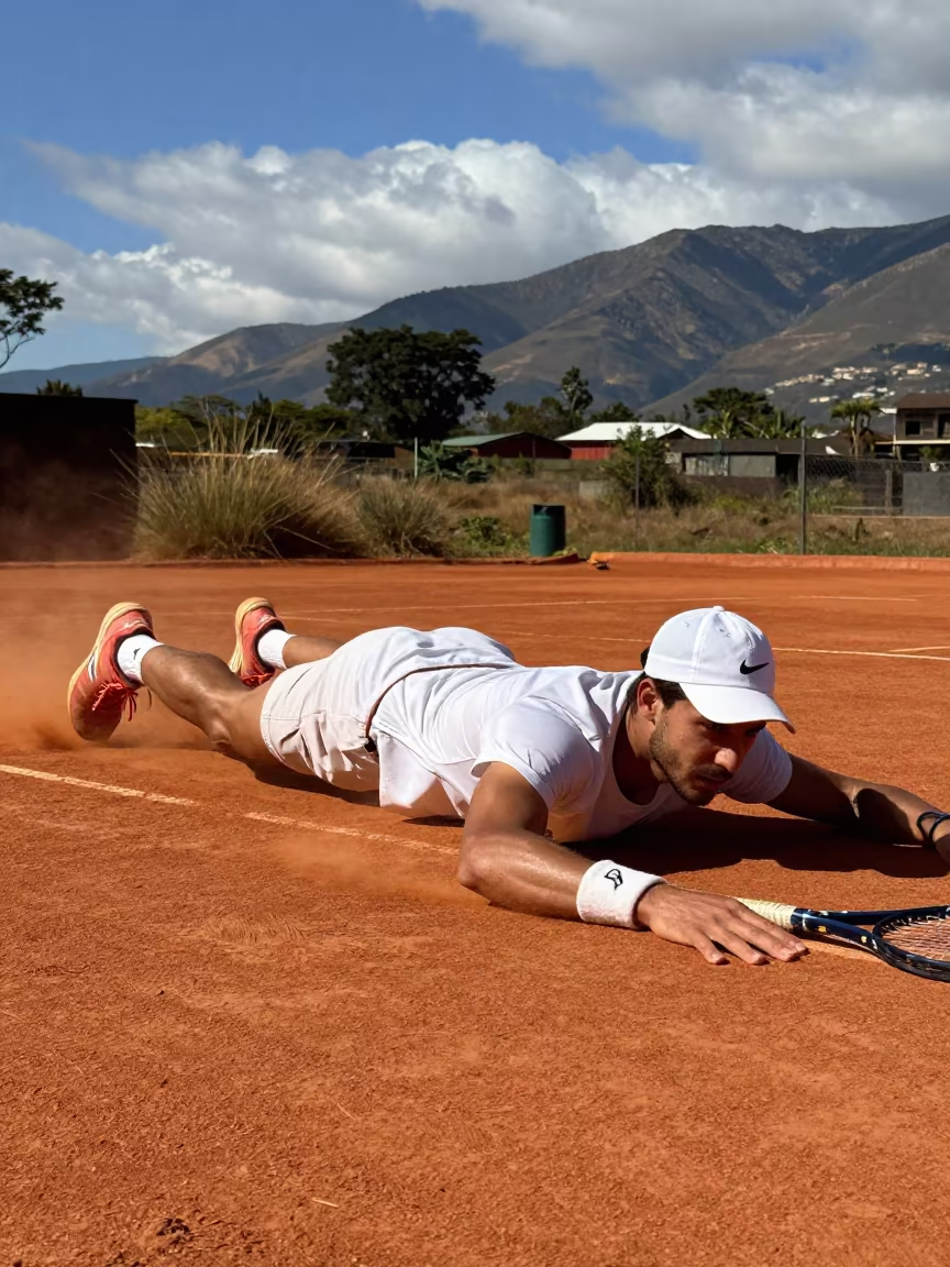 Tennis Player Sliding on Clay Mountain Path in on a mountain path near Antananarivo