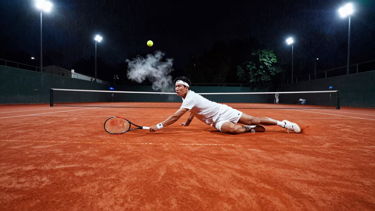 Tennis Player Sliding on Clay at Night in on a hillside near People's Park, Chengdu