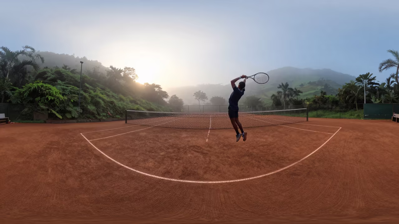 Tennis Player Smashing Overhead on Mountain Path in on a mountain path near Freetown
