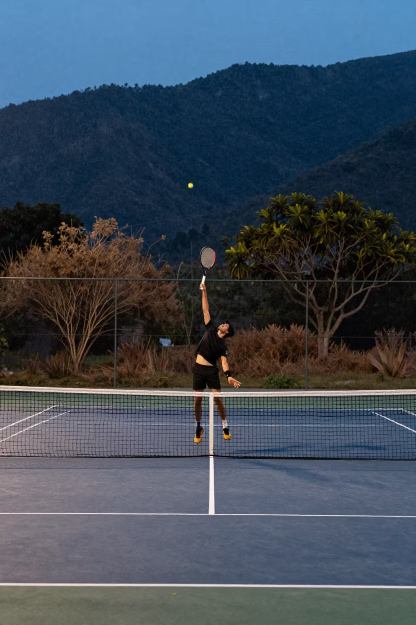 Tennis player smashing overhead on mountain path in on a mountain path near Ciego de Ávila