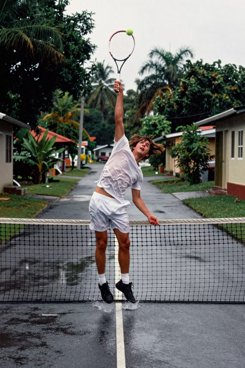 Tennis Player Smashing Overhead in Trinidad Lane in in a village lane near Trinidad