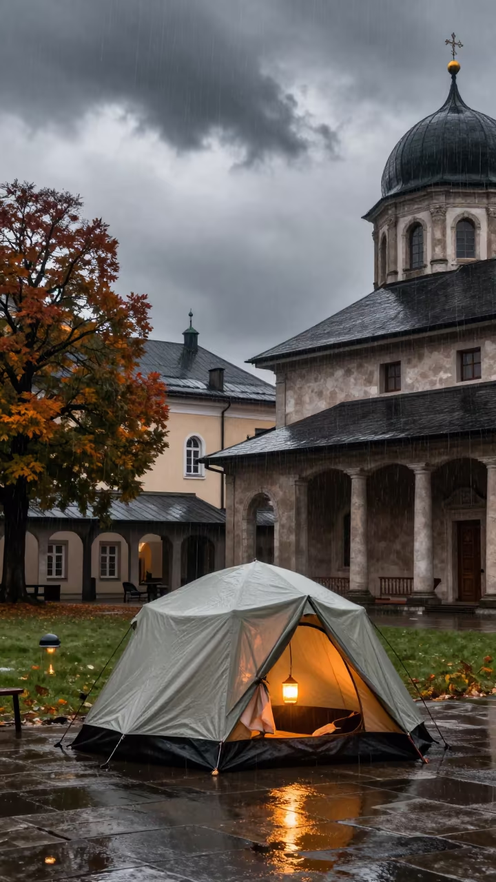 Tent Lantern Light Amidst Autumn Mountain Rain in in a temple courtyard near Innsbruck