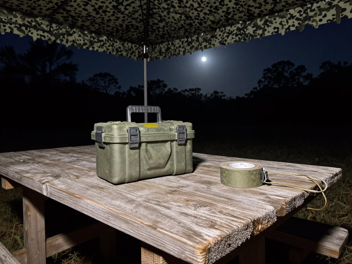 Tent Repair Kit Under Camouflage Net Night in beneath a camouflage net shelter in Florida