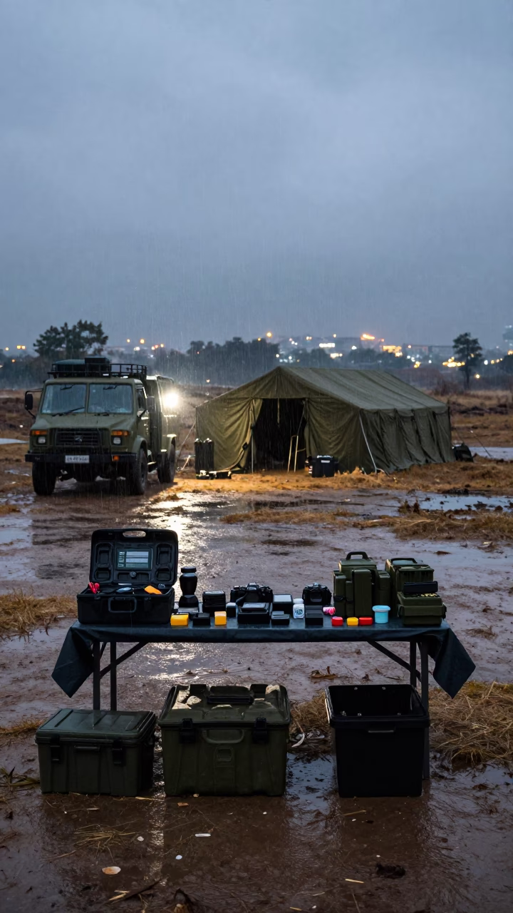 Tent Repair Kit Table After Exercise in Nepal in beside a convoy halt on open ground in Nepal