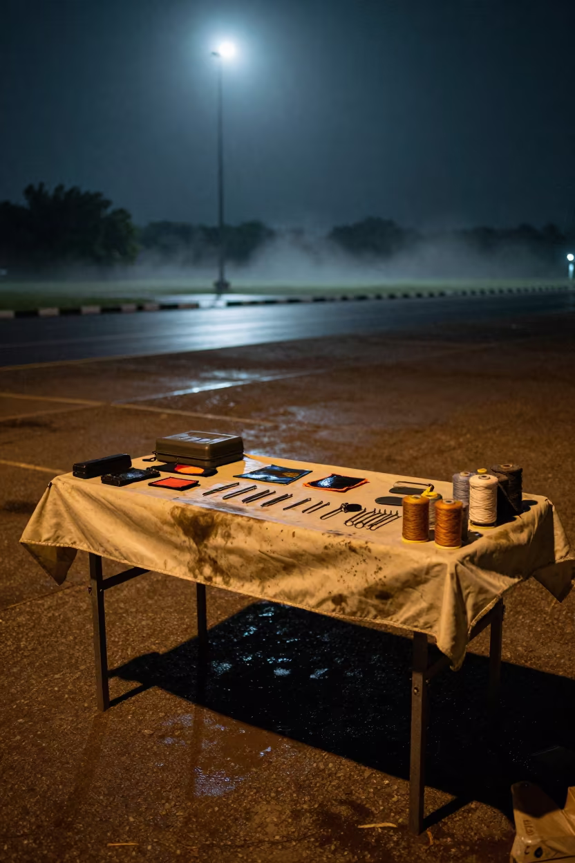 Tent Repair Kit Table After Night Exercise in along an airbase flight line in Surabaya