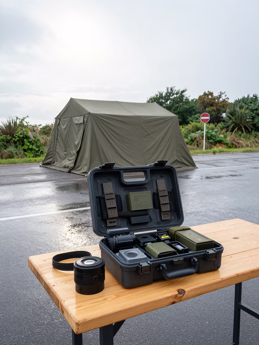 Tent Repair Kit Table at Luxembourg Checkpoint in at a checkpoint lane in Luxembourg