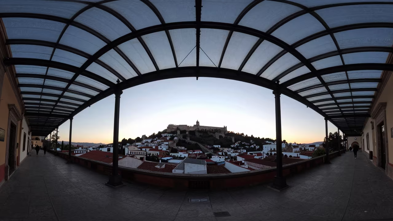 Tepic Glass Arcade Silhouette at Dusk in inside a glass-roofed arcade in Tepic